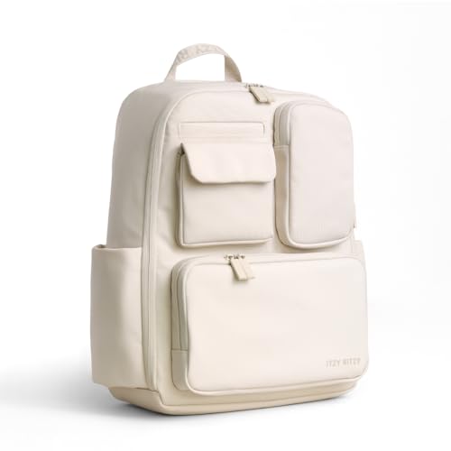 Image of Itzy Ritzy Utility Diaper Bag Backpack – Features 17 Pockets (Including 2 Insulated Bottle Holders) & Trolley Sleeve and Includes Stroller Straps & Changing Pad – Part of the Belong Collection (Cream)