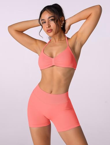 Image of ABOCIW Womens Seamless Workout Sets 2 Piece Strappy Halter Sports Bra Scrunch Butt Shorts Gym Yoga Outfits