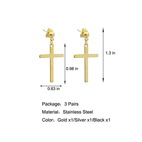 3 Pairs Mens Cross Drop Dangle Earrings Set Hanging Dangling Crucifix Stud Earingings Stainless Steel Black Gold Silver Fashion Jewelry Accessories2