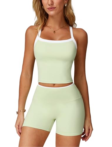 Image of ABOCIW 2 Pieces Workout Sets for Women, Cross Back Tank Top Matching High Waist Biker Shorts, Gym Yoga Pilates Outfits