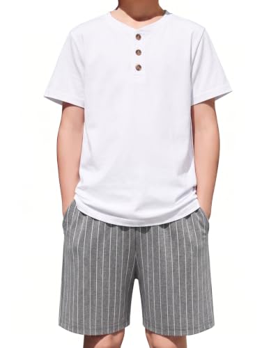 Image of Arshiner Boys 2-Piece Summer Outfit Henley T-Shirt & Shorts Set 4-12 Years