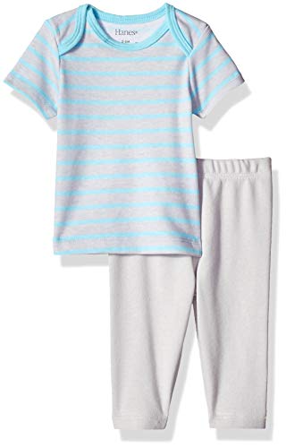 Hanes Ultimate Baby Flexy 2 Piece Set (Pant with Short Sleeve Crew Tee), Grey/Blue Stripe, 12-18 Months