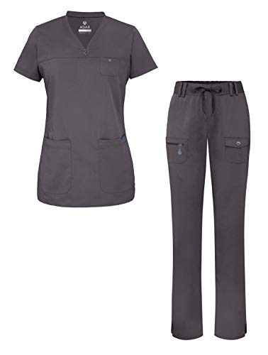 Adar Pro Everyday Expert Scrub Set for Women - Curved V-Neck Scrub Top & Tapered Drawstring Scrub Pants - 4402 - Pewter - M
