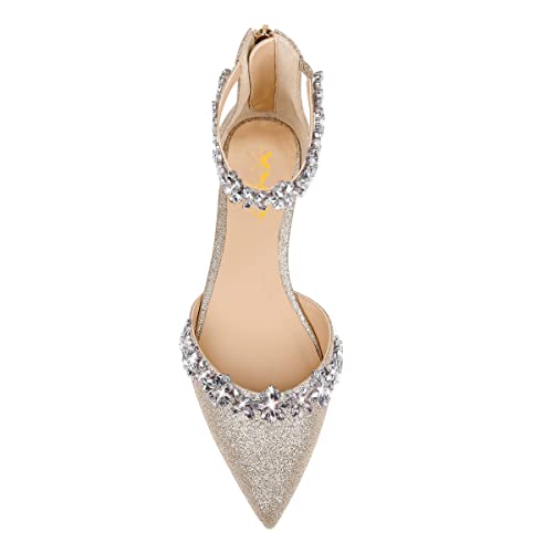 Image of XYD Women Classic Pointed Toe D'Orsay Wedding Flat Sandals Sparkly Rhinestones Ankle Strap Low Heel Dress Shoes with Zipper