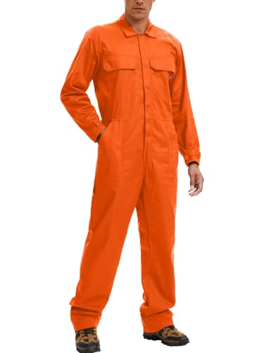 WORK IDEA Mens Coveralls Long Sleeve 100% Cotton Twill Workwear Jumpsuit Relaxed Fit Orange M