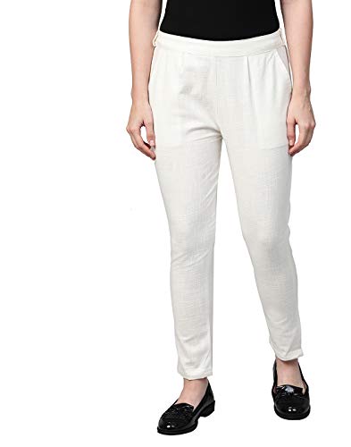 Image of Yash Gallery Women's Regular Fit Mid Rise Solid Cotton Slub Ankle Length Regular Trouser Pant