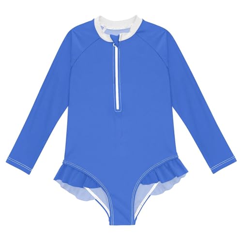 Plain Royal Blue Baby Girl Bathing Suit Long Sleeve UPF 50+ One Piece Toddler Swimsuit Size 3T