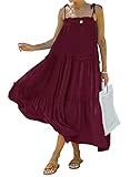 BTFBM Women 2023 Summer Maxi Dresses Sleeveless Spaghetti Strap Casual Sundress Tiered Ruffle Boho Cami Beach Long Dress(Solid Wine Red, Small)