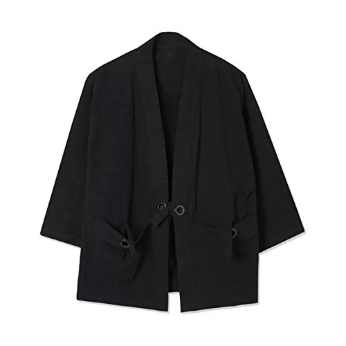 Image of Mens Kimono Cardigan Cotton Linen Japanese Shirt 3 /4 Sleeve Haori Yukata | Skin-Friendly Solid Color Lightweight Shawl Collar Kimono Robe Embroidery Button Tie Pockets Happi Coat All Season Daily Wear