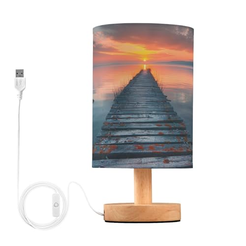SKYSHU Lampada da comodino con sentiero sul mare, piccola lampada da scrivania a LED, lampada USB con base in legno antiscivolo e paralume per soggiorno, camera da letto, dormitorio, casa, ufficio,