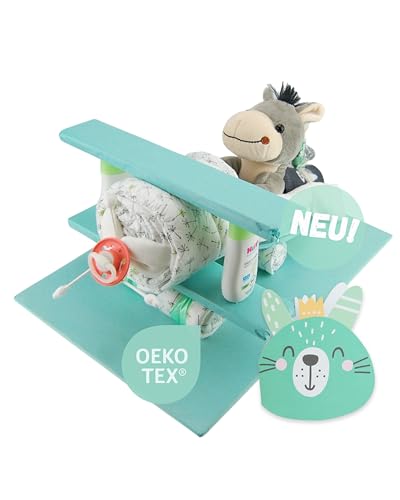 Windeltorte ® Flugzeug mit Kuscheltier - Plüschtier - Geschenk zur Geburt - Babyparty - Baby - Babyshower - Pullerparty… (Mint/Neutral)