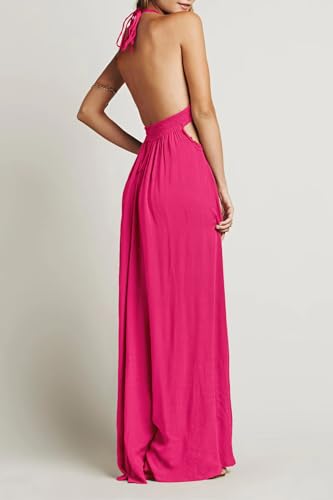 Image of R.Vivimos Boho Maxi Dresses for Women 2026 Summer Sleeveless Halter Elastic Waist Sexy Backless Front Slit Flowy Long Dresses