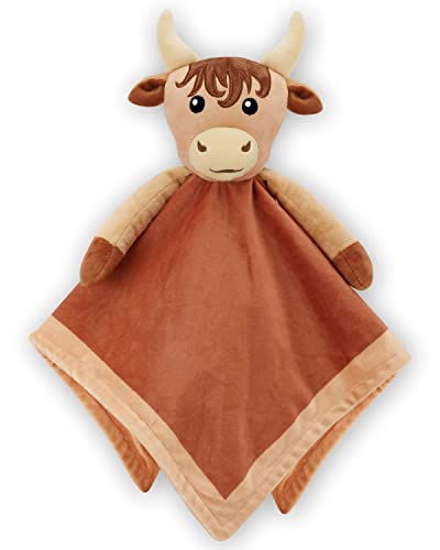 Image of Brown Highland Cow Lovey Baby Boy Blanket Animal Security Blanket Neutral Baby Snuggly Scotland Herd Animal Face Soft Bedding Plush Kids Grandchild's Lovey Nursery Décor Gift Ideas for Son
