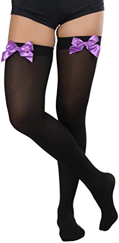Image of ToBeInStyle Women's Opaque Long Thigh High Stockings w /Decorative Front Satin Bow