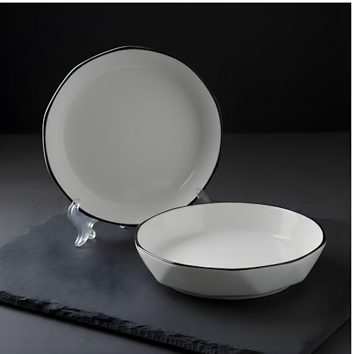 Image of Premium White Ceramic Pasta Dishes Set of 2, 8-Inch Large Shallow Salad Plates with Elegant Black Rim, Modern Geometric Faceted Design, Stackable, Microwave & Dishwasher Safe Dinnerware