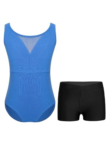 Girls Mesh V-Neck Sleeveless Leotard with Shorts for Dance Ballet Gymnastics Yoga Gym Activewear Set