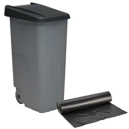 WELL HOME - Contenedor Cerrado 110L Negro H.88cm + Rollo 10 bolsas de basura 120L