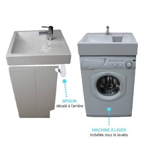 Lavabo gain de place pour machine à laver GPM Mini - Siphon compact décalé à l'arrière - Espace Disponible Sous La Vasque de 37cm pour installer une Machine à Laver Faible Profondeur 37cm (Petit)