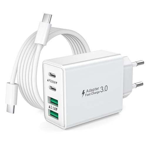 Cargador iPhone Carga Rapida, USB C Charger Enchufe con 2M Cable USBC para iPhone 17 16 15 Pro MAX Plus 16e iPad, Samsung Cargador USB C Múltiple 40W 4-Puertos Rápido Tipo C Enchufe Adaptador Cabezal