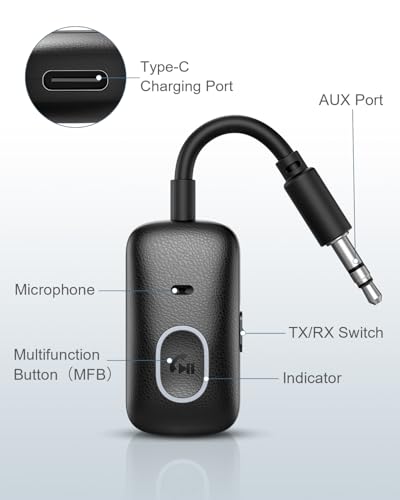 Ankilo Adapter Bluetooth 5.3 nadajnik do samolotu, 2 w 1 nadajnik Bluetooth odbiornik, ładowanie typu C odbiornik audio, do słuchawek MP3 /MP4 głośników HiFi, słuchawek, głośników, laptopów