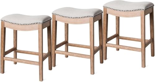 Image of Maven Lane Adrien Backless Counter Stool - Set of 3 - 26 Inches - Saddle Stool with Footrest - Natural Solid Wood Frame & Light Grey Fabric Upholstery - Perfect for Kitchen Islands & Counters