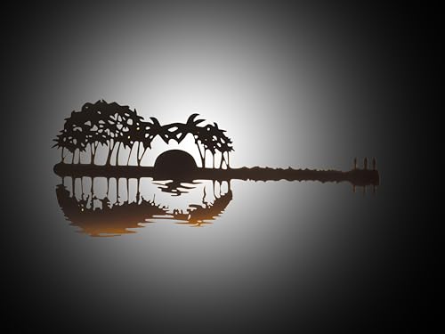 Image of METSY Wall Decor Metal Wall Decor Guitar Art|Wall Hanging Decor Abstract Guitar Sunset With Palm trees For Home Decoration with backlit (90cmx 38cm x1.2mm)