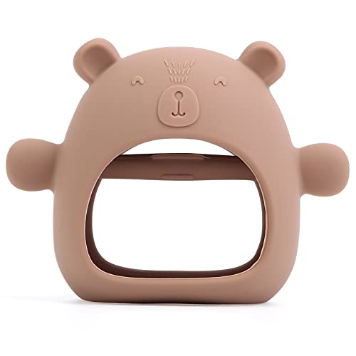 Image of AULEGE Silicone Baby Teether Toy for Infants 3+ Months, Anti-Drop Silicone Baby Mitten Teether for Soothing Teething Pain Relief, Baby Chew Toys for Sucking Needs, BPA Free, Caramel