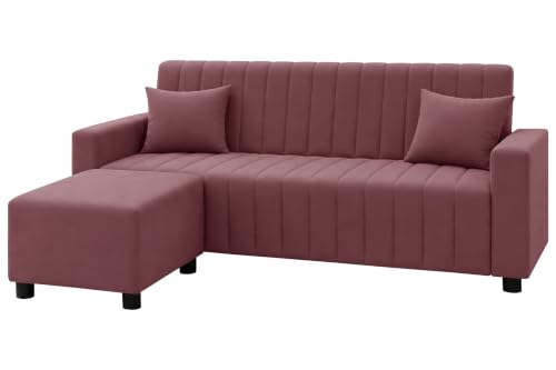 Image of Amazon Brand - Solimo 3 Seater Wooden Sofa with Ottoman | Velvet Fabric Sofa Set for Living Room | Comfortable Cushioned Couch with Footstool | Stylish Home Furniture-Rose-Pink