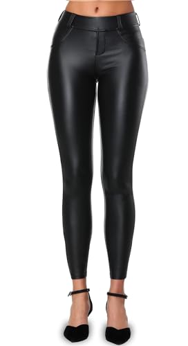 DALLNS Faux Leather PU Elastic Shaping Hip Push Up Pants Black Sexy Leggings for Women(Small,Black)