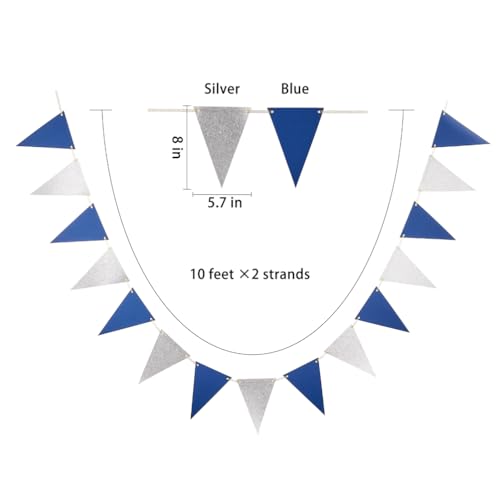 Image of MOWO Silver Blue Pennant Banner Paper Bunting, 30pc, 20 feet | Birthday Graduation Retirement New Year's Party, eid Hanging Decoration, Pack of 30 Counts Pennant, 20 feet