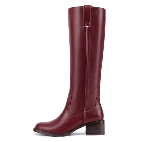 Image of Women's Knee High Boots Chunky Low Block Heel Round Toe Faux Leather Rinding Boots with Side Zip Fashion Tall Boots for Women