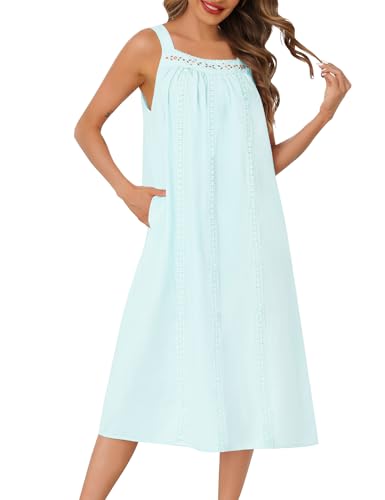 Image of SWOMOG Women's Cotton Nightgowns Sleeveless Night Gown Embroidery House Dress Soft Long Nightdress with Pockets
