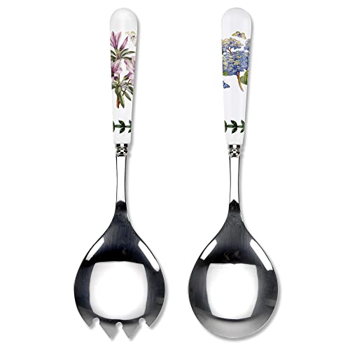 Portmeirion x Botanic Garden Set of 2 Salad Servers - Stainless Steel Serving Utensils with Multi-Colour Porcelain Handles, Durable and Stylish for Tossing and Serving Salads