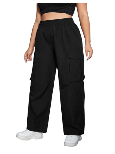 OYOANGLE Women's Plus Size High Waisted Cargo Pants Flap Pocket Straight Leg Trousers Streetwear