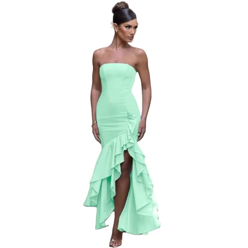 Image of Women's Sexy Strapless Backless High Split Long Maxi Dress Ruched Off Shoulder Sleeveless Bodycon Party Cocktail Dresses