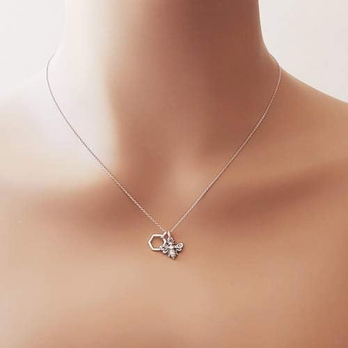 Sterling Silver Tiny Honeycomb Bee Charm Necklace, 18" - Image 3