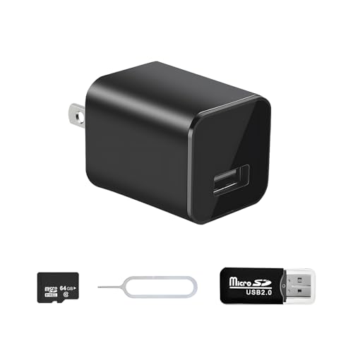 Ctetma Charger Camera, 1080P Small Camera with Motion Detection, Camera with 64GB Micro SD Card Included, Nanny Camfor Home, Window, Indoor and Security (No WiFi)