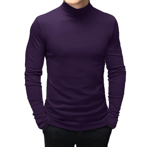 Men's Fashion Mock Turtleneck T-Shirts Long Sleeve Pullover Sweater Basic Designed Undershirt Slim Fit Top Purple