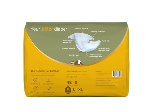 .allter Organic Bamboo Baby Diaper M Size (5-8 kgs)| 28 Count (Pack of 1)| Rash Free, Super Dry, Quick Absorb, Taped Style, Ultra Soft Diaper| Feet
