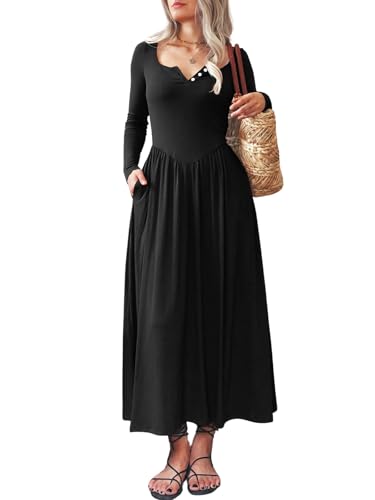 Long Sleeves Maxi Dress for Women A Line 2025 V Neck Casual Button Boho Tshirt Long Dress with Pockets