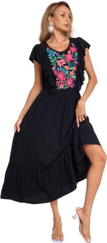 Image of Women's Summer Maxi Dress Casual Floral Embroidered Round Neck Short Sleeve Ruffle Tiered Dress Flowy Boho Beach Sundress