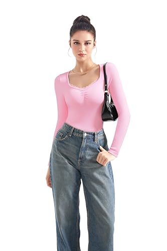 Image of SUUKSESS Women Sweetheart V Neck Long Sleeve Tops Lace Trim Ribbed Modal Fall Going Out Shirts