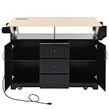 Multifunction Drop Leaf Kitchen Island Cart Rolling Storage Cabinet Power Outlet Charging Station Locking Hidden Casters Spice Rail Towel Bar 3 Drawer 2 Door Pantry Shelves Open Cubbies (Black)