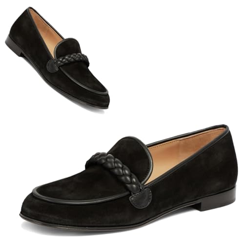 Image of MOOMMO Women Comfortable Suede Loafer Flats Round Closed Toe Slip On Penny Loafers Knitted Strap Oxford Loafer Shoes for Office Ladies Work Daily Casual Club Driver Flats Spring Elegant 4-11 M US