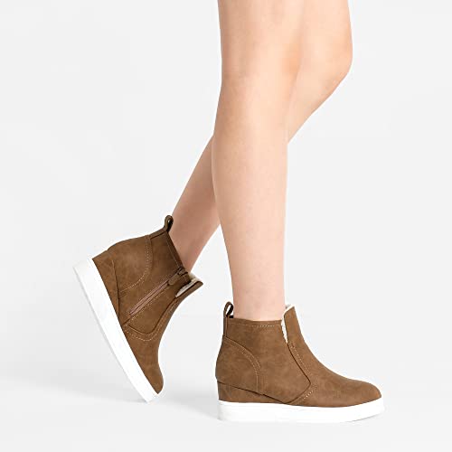 DREAM PAIRS Women’s Slip on High Top Wedge Sneakers Hidden Heel Platform Wedgie Ankle Booties,Size 8.5,Tan/pu,DAB218