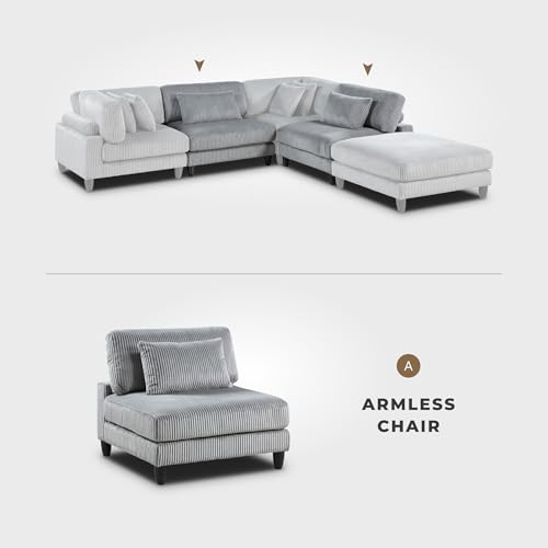 Lexicon Modular Sectional Sofa for Living Room, Corduroy Fabric Upholstery Armless Chair with Pillow, Units of Modular Sectional Couch, Upholstered Chair for Customizable Sectional Sofa Couch, Gray