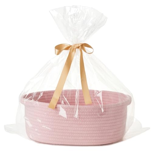 Image of 2 Pack Small Woven Gift Basket Empty with Bag & Ribbon - Gifts for Mom, Baby Shower, Birthdays & Raffle - Cotton Rope Storage Basket for Dog Toys or Shelf - 12 inchx8 inchx5 inch, Pink
