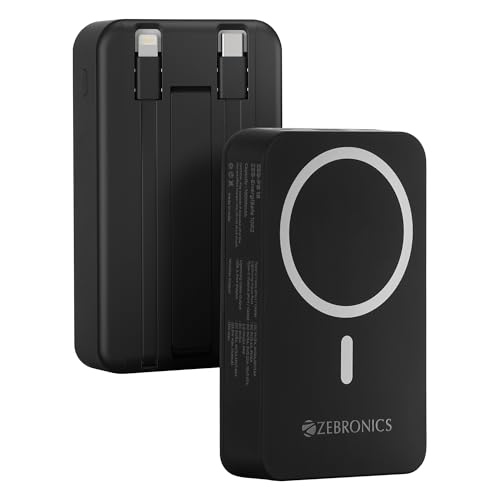 ZEBRONICS EnergiSafe 10R2 || 10000mAh MagSafe Wireless Power Bank | 15W Wireless & 22.5W PD (PPS) Fast Charging | Built-in Stand | Type-C & Lightning Cable | 5× Outputs | for iPhone & AirPods (Black)