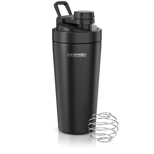 Arendo - Eiweiß Shaker Edelstahl 750ml Protein Shaker mit Mixkugel BPA frei Mixbecher Metall Premium Eiweißshaker Tragegriff Spülmaschinengeeignet To Go für Yoga Fitness Sport Schwarz