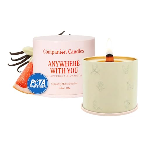 Companion Candles Anywhere with You Pet-Friendly Scented Candle Grapefruit & Vanilla Fragrance - Coconut Soy Wax Candle with Wooden Wick Approx. 50-Hour Burn Time Made in USA 11.8 oz